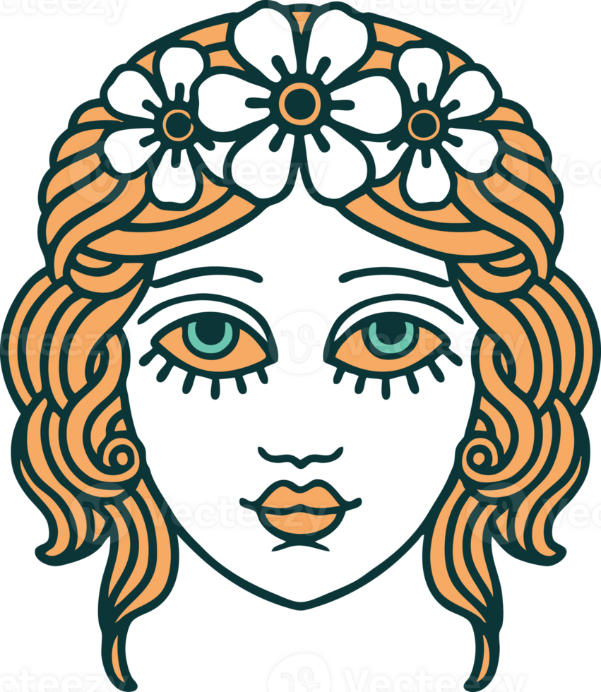 iconic tattoo style image of female face with crown of flowers png
