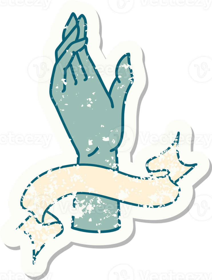 worn old sticker with banner of a hand png