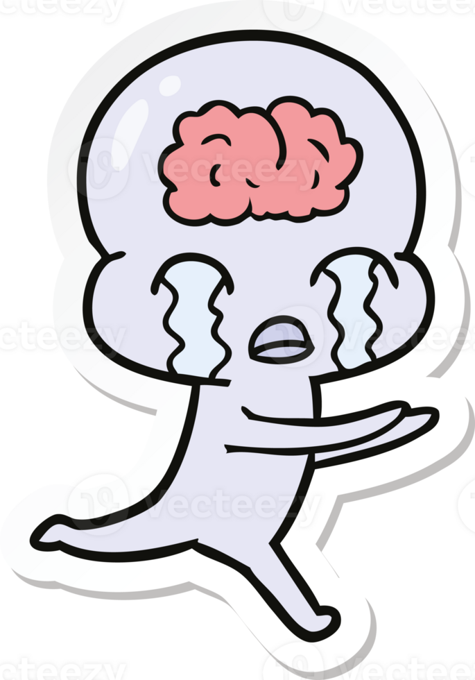 sticker of a cartoon big brain alien crying png