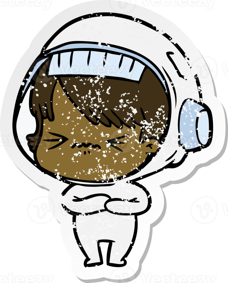 distressed sticker of a angry cartoon space girl png