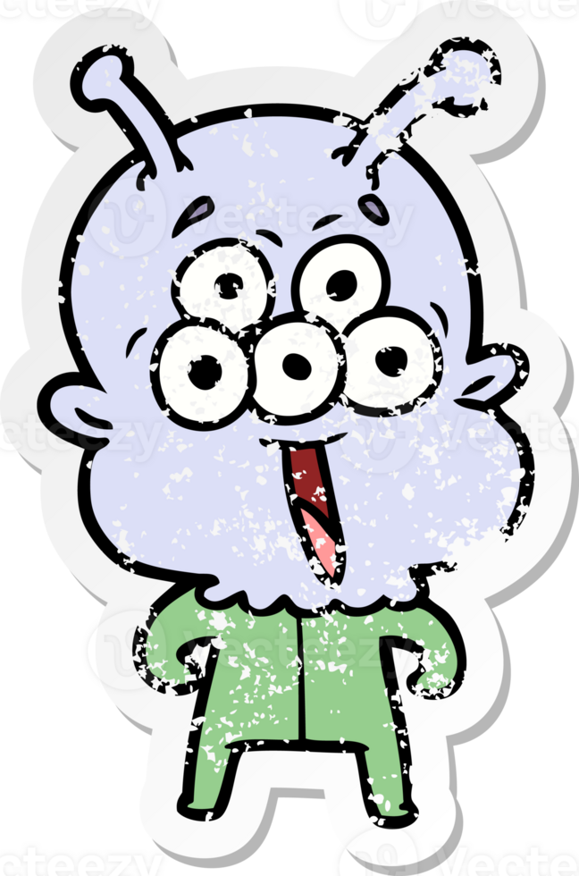 distressed sticker of a happy cartoon alien png