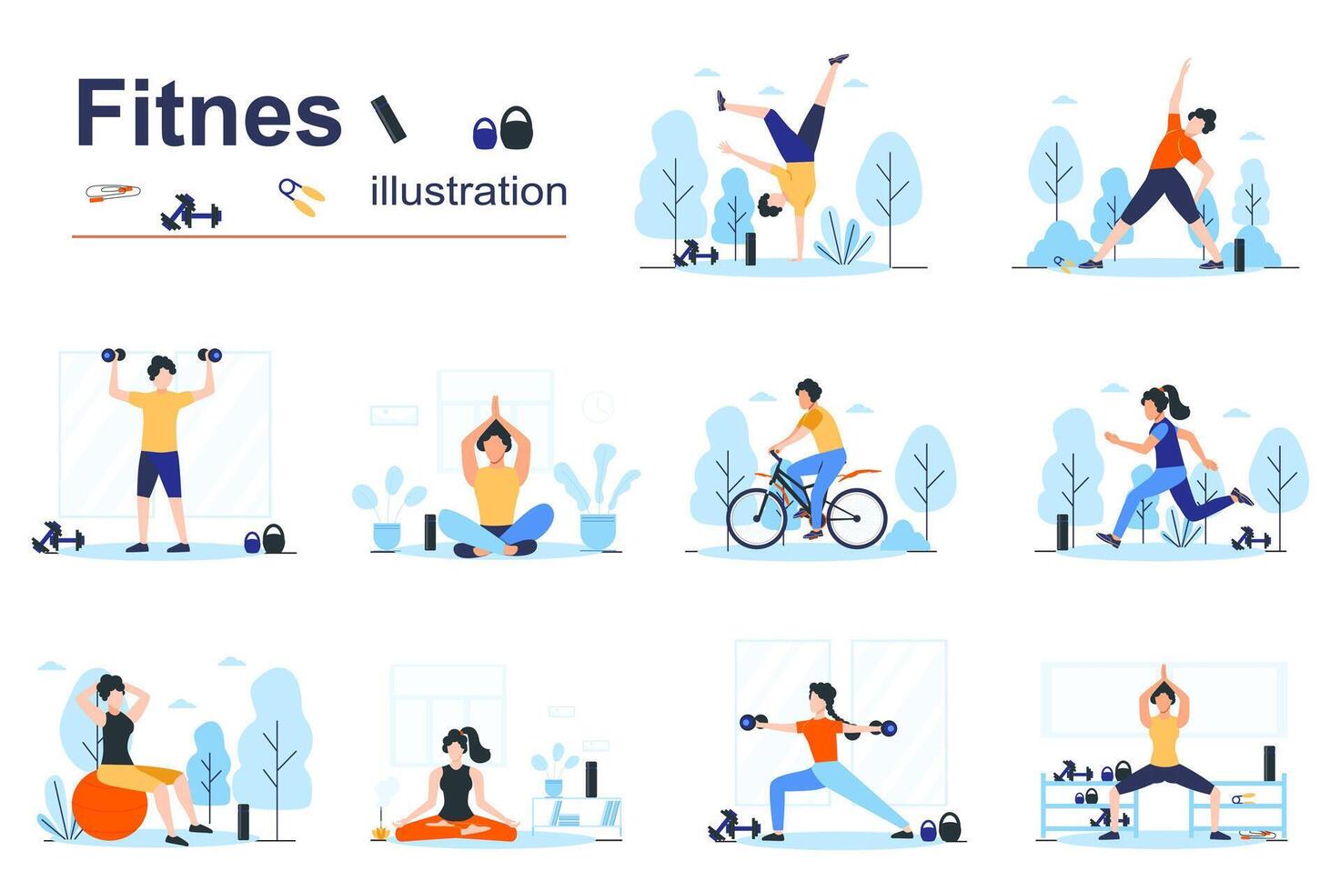 Fitness concept scenes seo with tiny people in flat design. Men and women doing yoga asanas, bodybuilding, cycling, running, exercising in gym. illustration visual stories collection for web vector