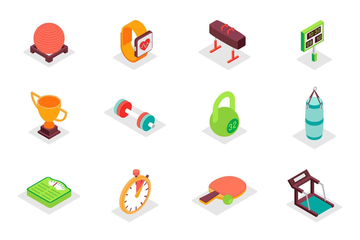 Sports equipment concept 3d isometric icons set. Pack isometry elements of ball, smart watch, score, winning cup, barbell, kettlebell, scales, gym and other. illustration for modern web design vector