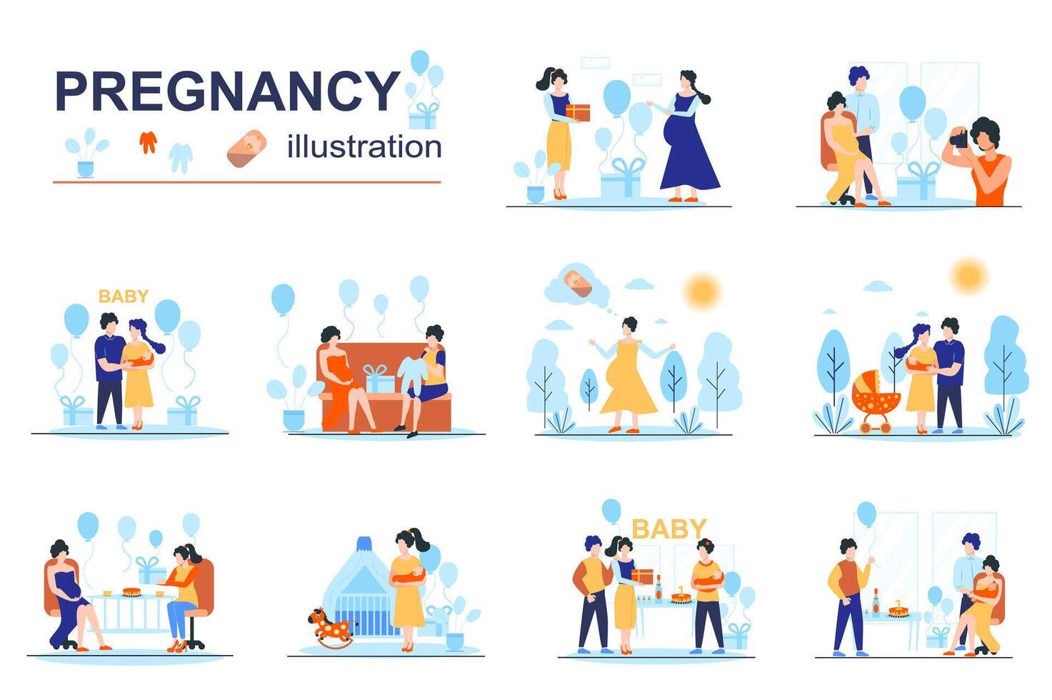 Pregnancy concept scenes seo with tiny people in flat design. Mom and dad expecting kid, celebrating baby shower party, child birthday celebrate. illustration visual stories collection for web vector