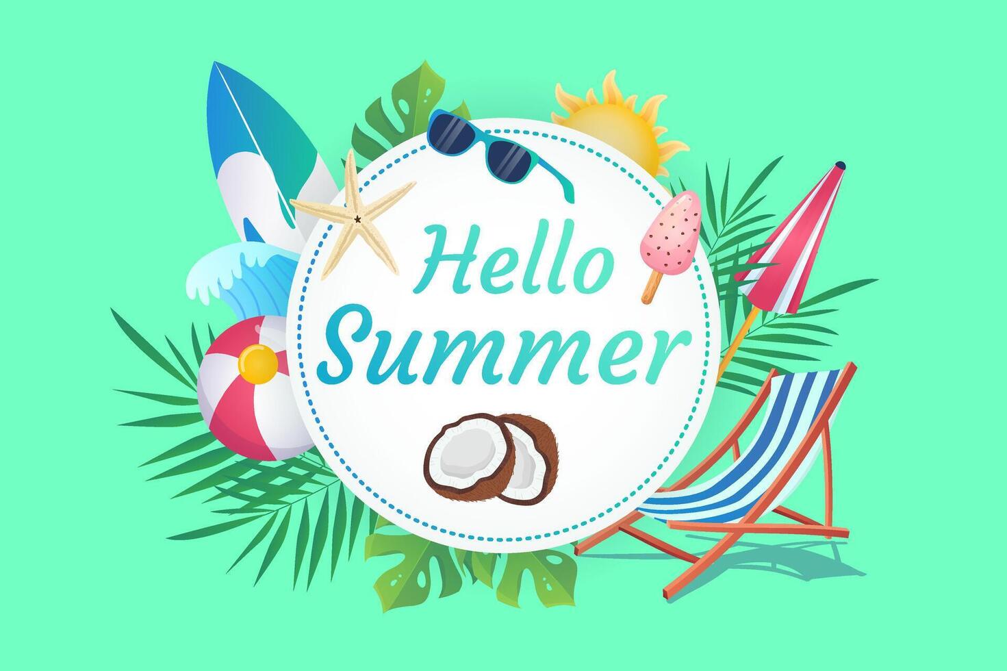 Happy summer background in flat cartoon design. Wallpaper with text and composition of surfboard, sunglasses, lounger, coconut, ice cream, leaves. illustration for poster or banner template vector