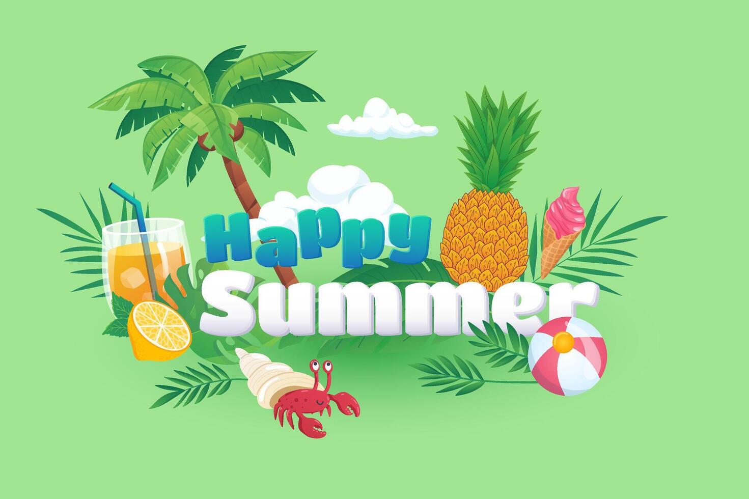 Happy summer background in flat cartoon design. Wallpaper with text and composition of palm, cocktail, lemon, crab, pineapple, ice cream and leaves. illustration for poster or banner template vector