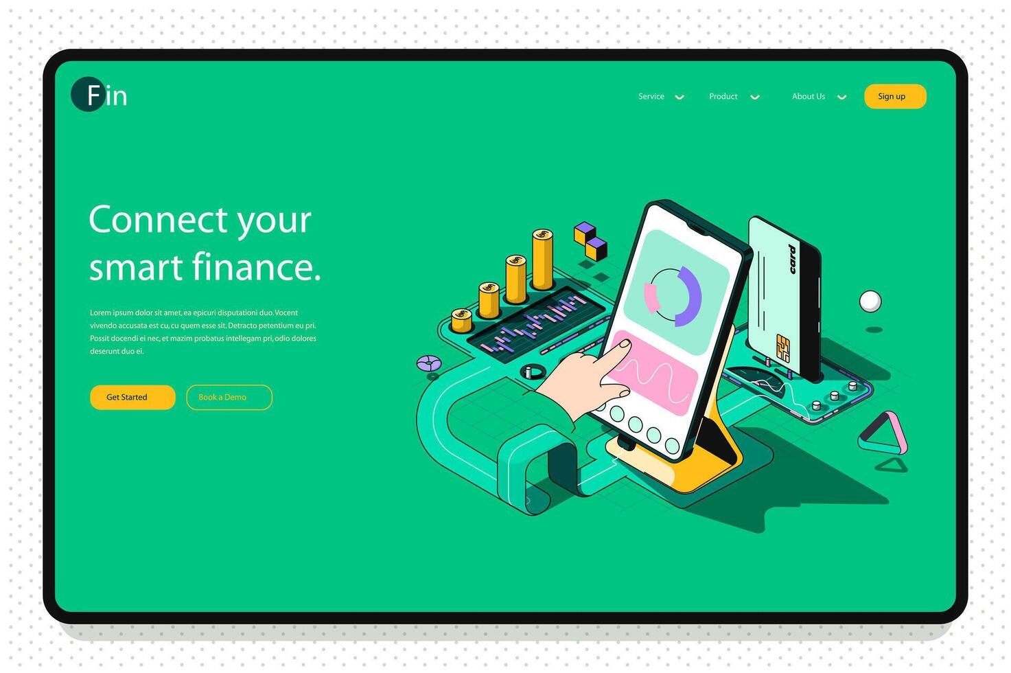 Finance concept 3d isometric outline landing page. Banking services, accounting, financial transactions, investments and savings in app. web illustration with abstract line composition. vector