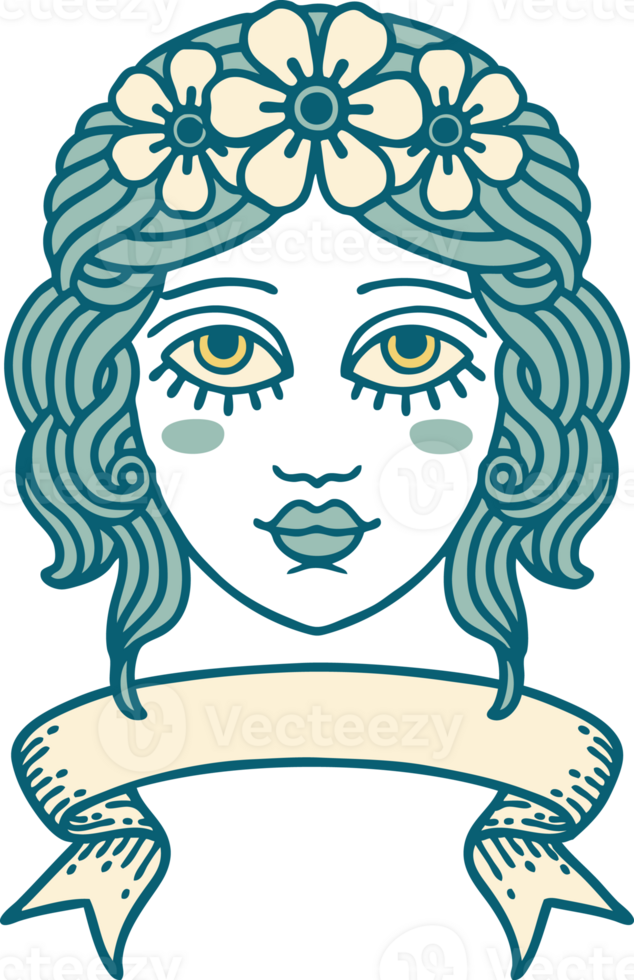 traditional tattoo with banner of female face with crown of flowers png
