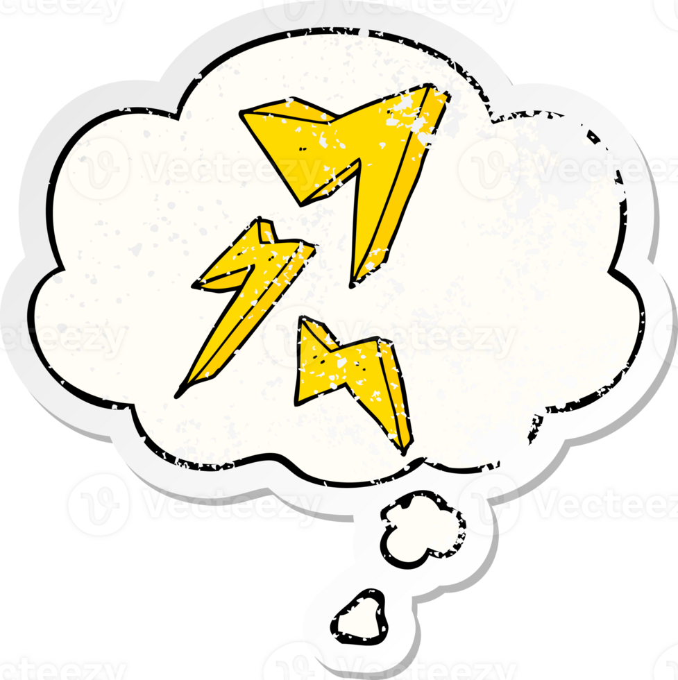 cartoon lightning bolt with thought bubble as a distressed worn sticker png