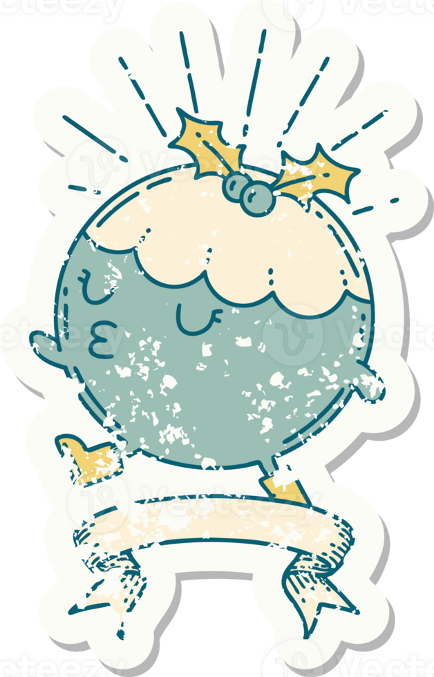 worn old sticker of a tattoo style christmas pudding character walking png