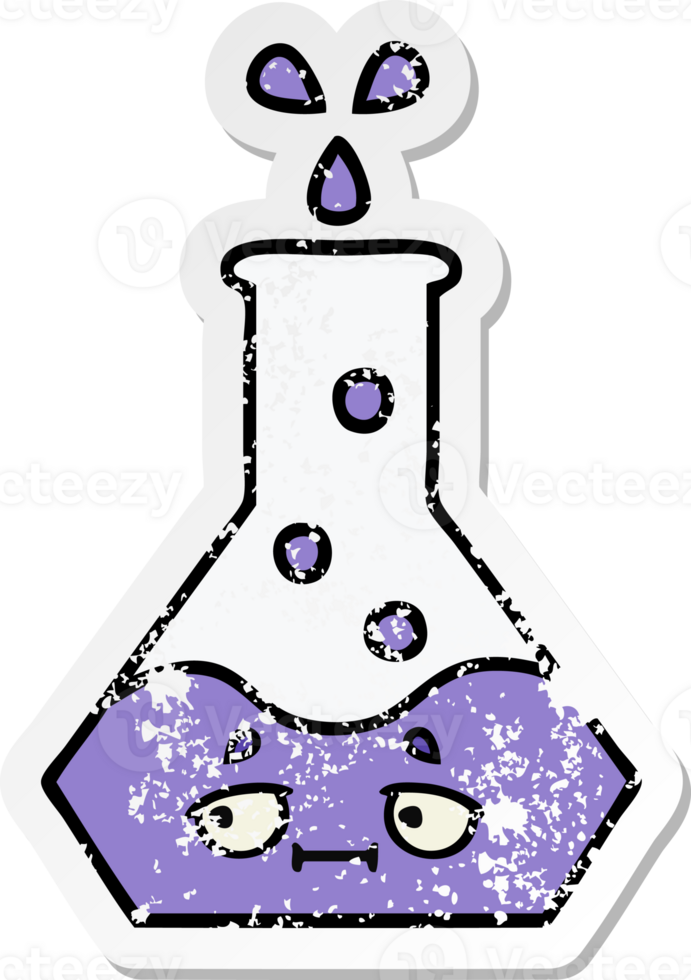 distressed sticker of a cute cartoon science beaker png