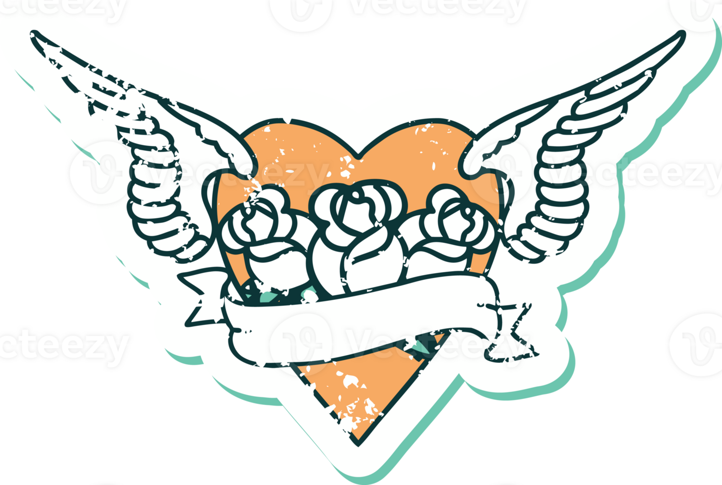 iconic distressed sticker tattoo style image of heart with wings flowers and banner png