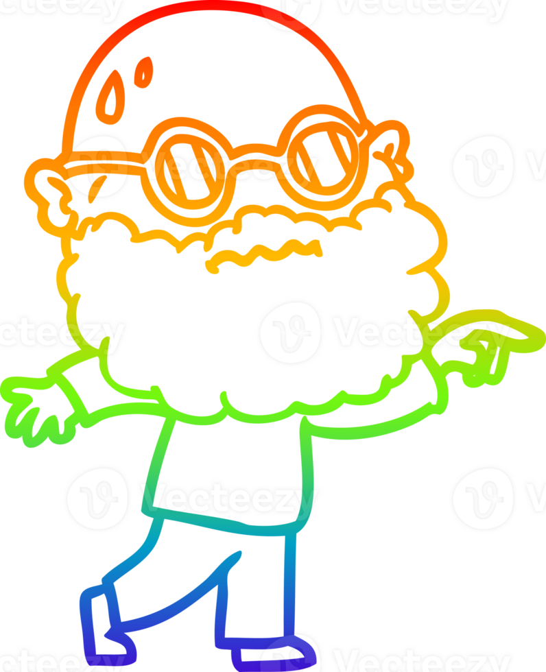 rainbow gradient line drawing of a cartoon worried man with beard and spectacles pointing finger png