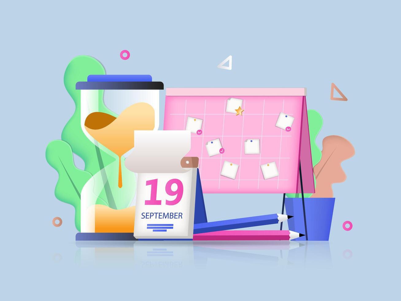 Planning concept 3D illustration. Icon composition with clipboard with stickers, calendar, hourglass for workflow organization and successful time management. illustration for modern web design vector