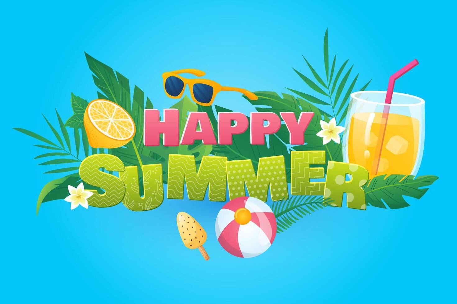 Happy summer background in flat cartoon design. Wallpaper with text and composition of lemonade, ice cream, sunglasses, flowers, tropical leaves. illustration for poster or banner template vector