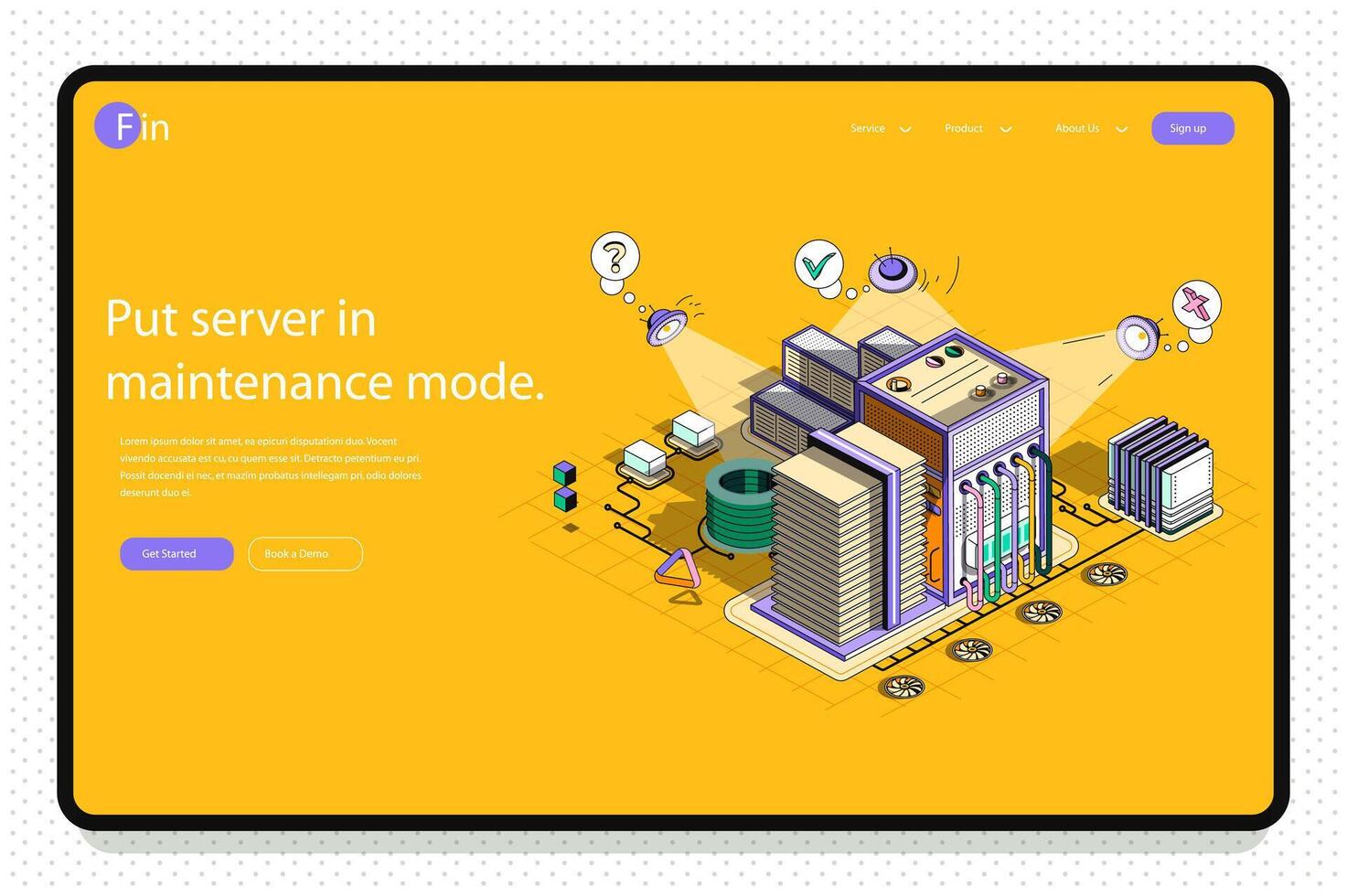 Server maintenance concept 3d isometric outline landing page. Technical support, computer hardware, computing and cloud storage equipment. web illustration with abstract line composition. vector