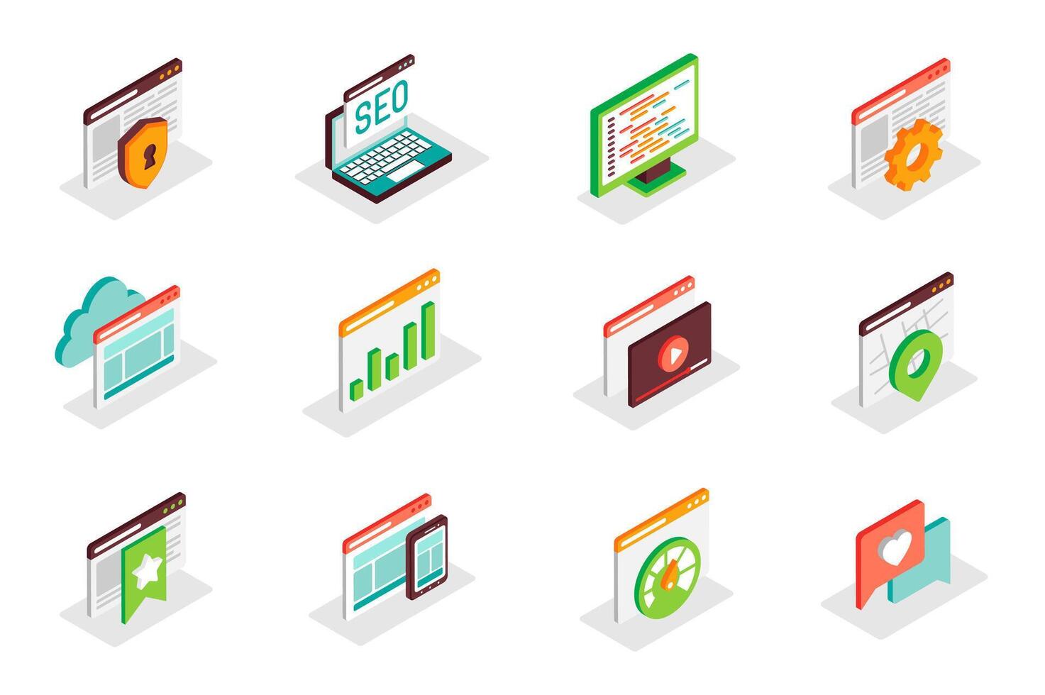 SEO optimization concept 3d isometric icons set. Pack isometry elements of security, keyword, settings, data, content, location, bookmark, speed and other. illustration for modern web design vector