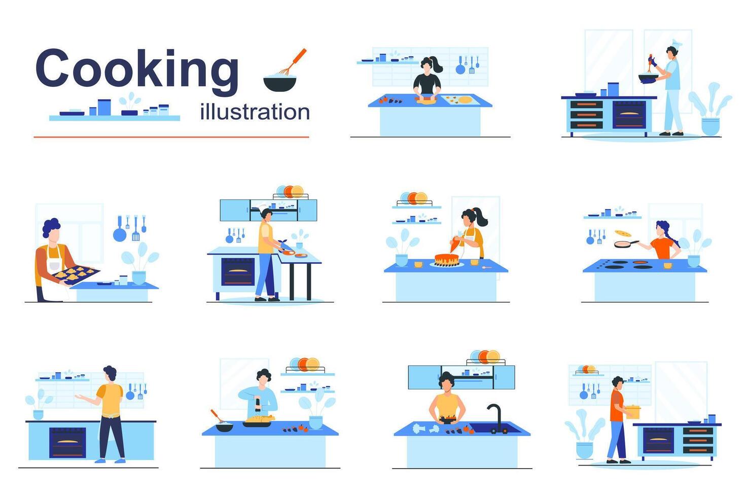 Cooking concept scenes seo with tiny people in flat design. Men and women prepare breakfasts, lunches or dinners in kitchens, bake homemade cakes. illustration visual stories collection for web vector