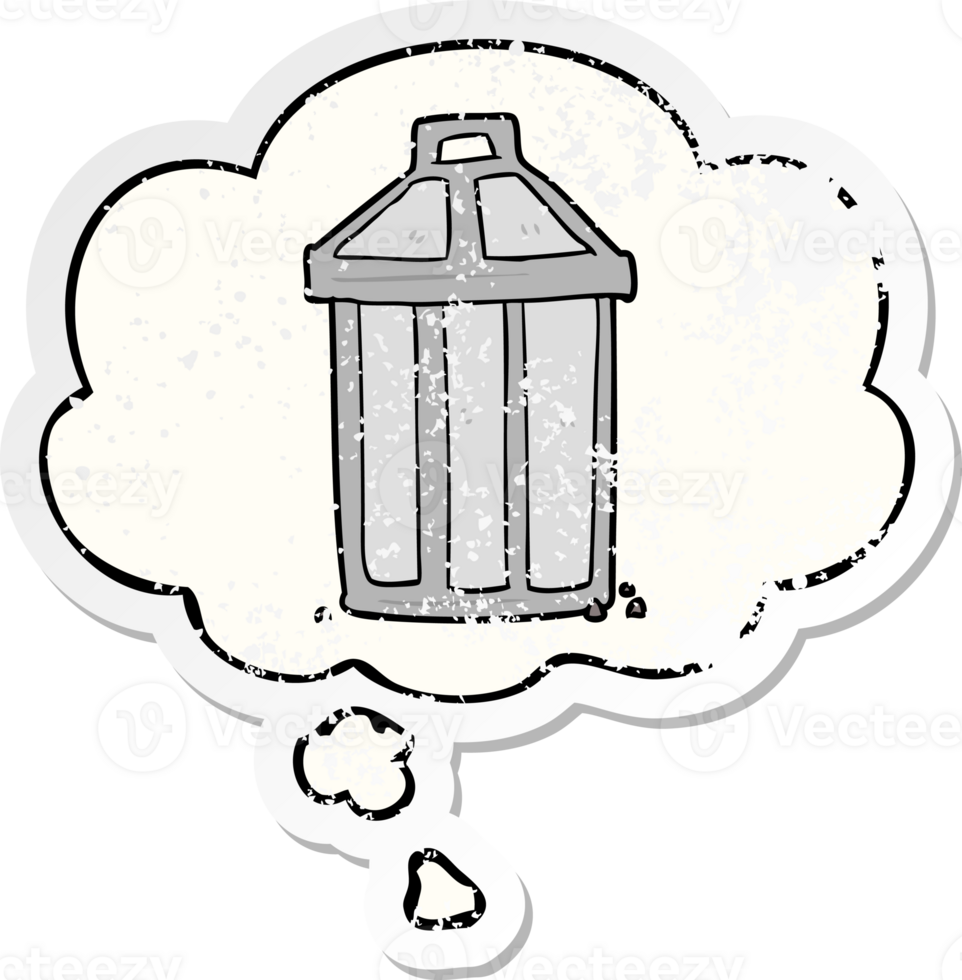 cartoon garbage can with thought bubble as a distressed worn sticker png