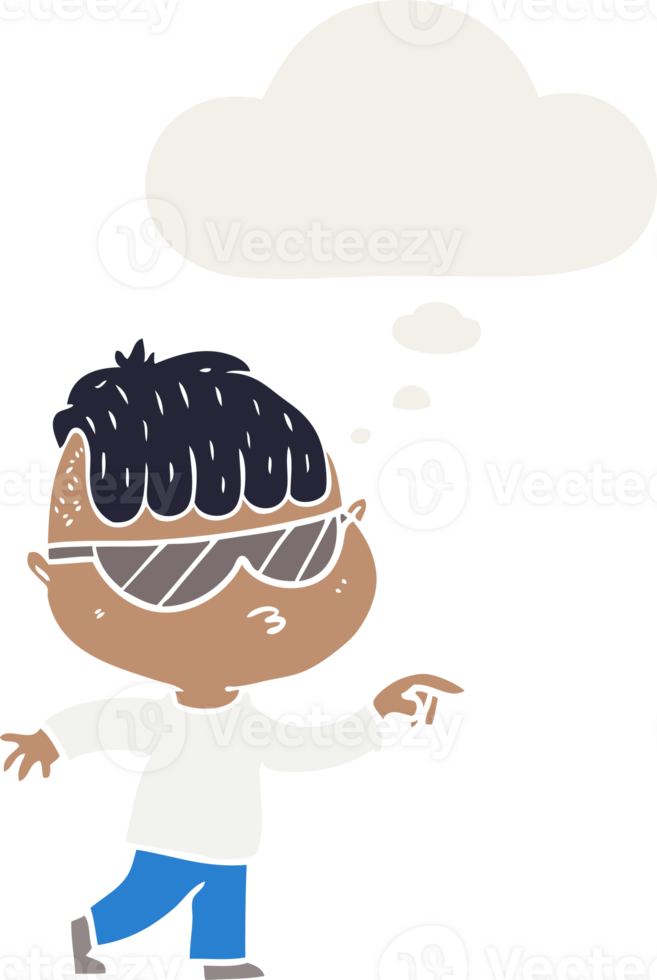cartoon boy wearing sunglasses pointing with thought bubble in retro style png