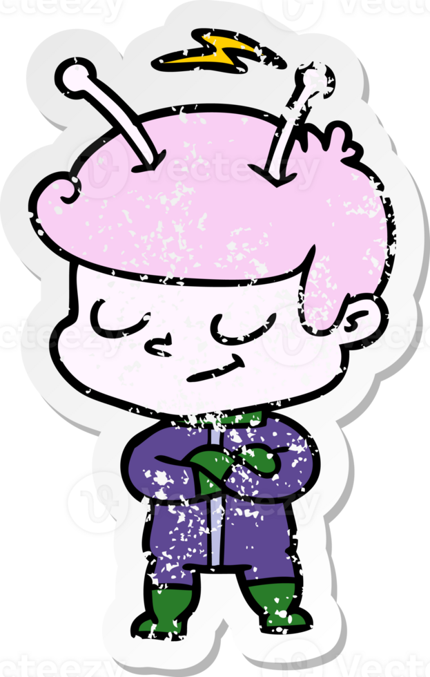 distressed sticker of a friendly cartoon spaceman png