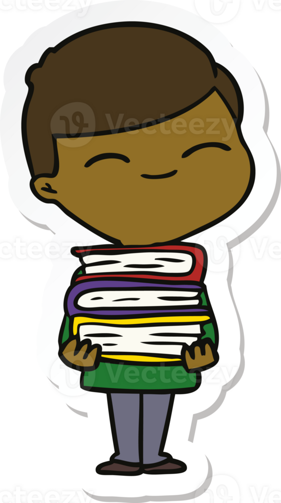 sticker of a cartoon smiling boy with stack of books png