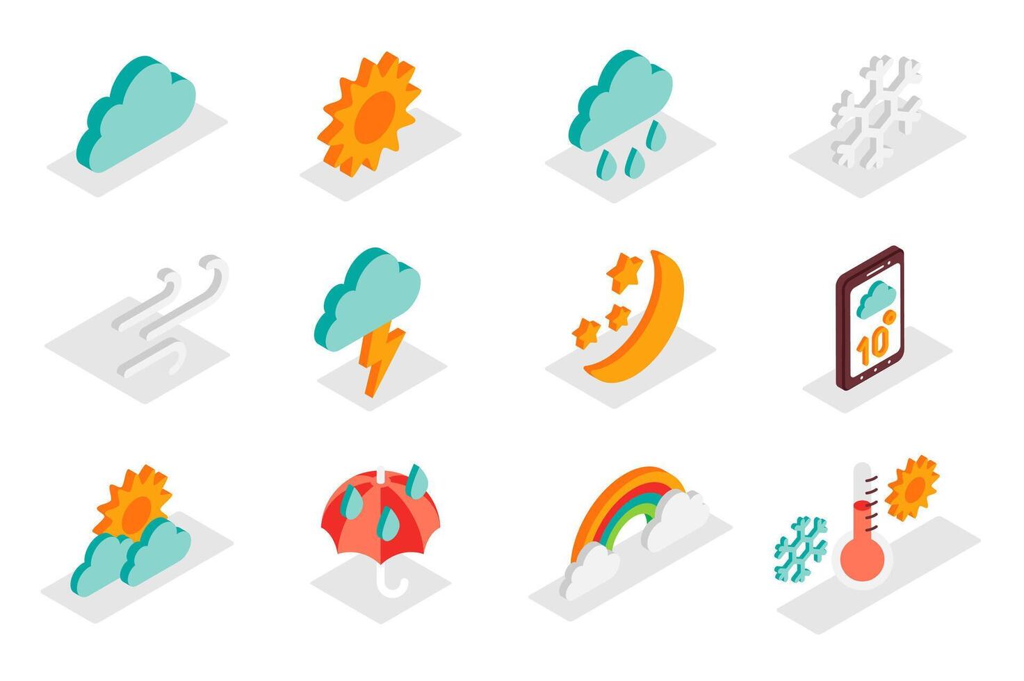 Weather forecast concept 3d isometric icons set. Pack isometry elements of cloud, sun, rain, snowflake, wind, lightning, moon, star, umbrella and other. illustration for modern web design vector
