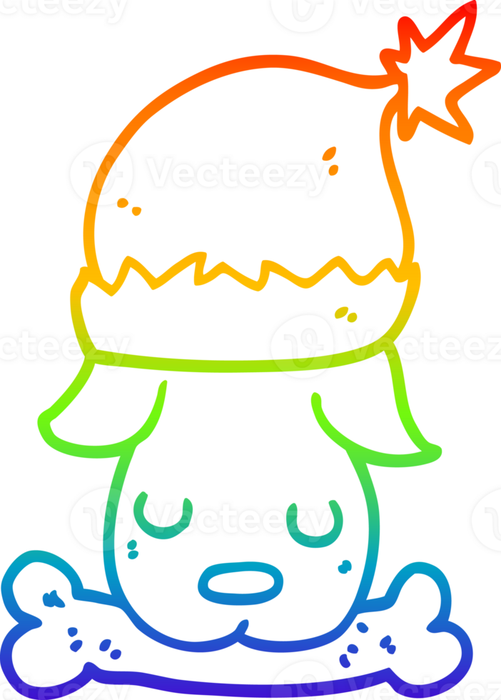 rainbow gradient line drawing of a cartoon christmas dog with bone png