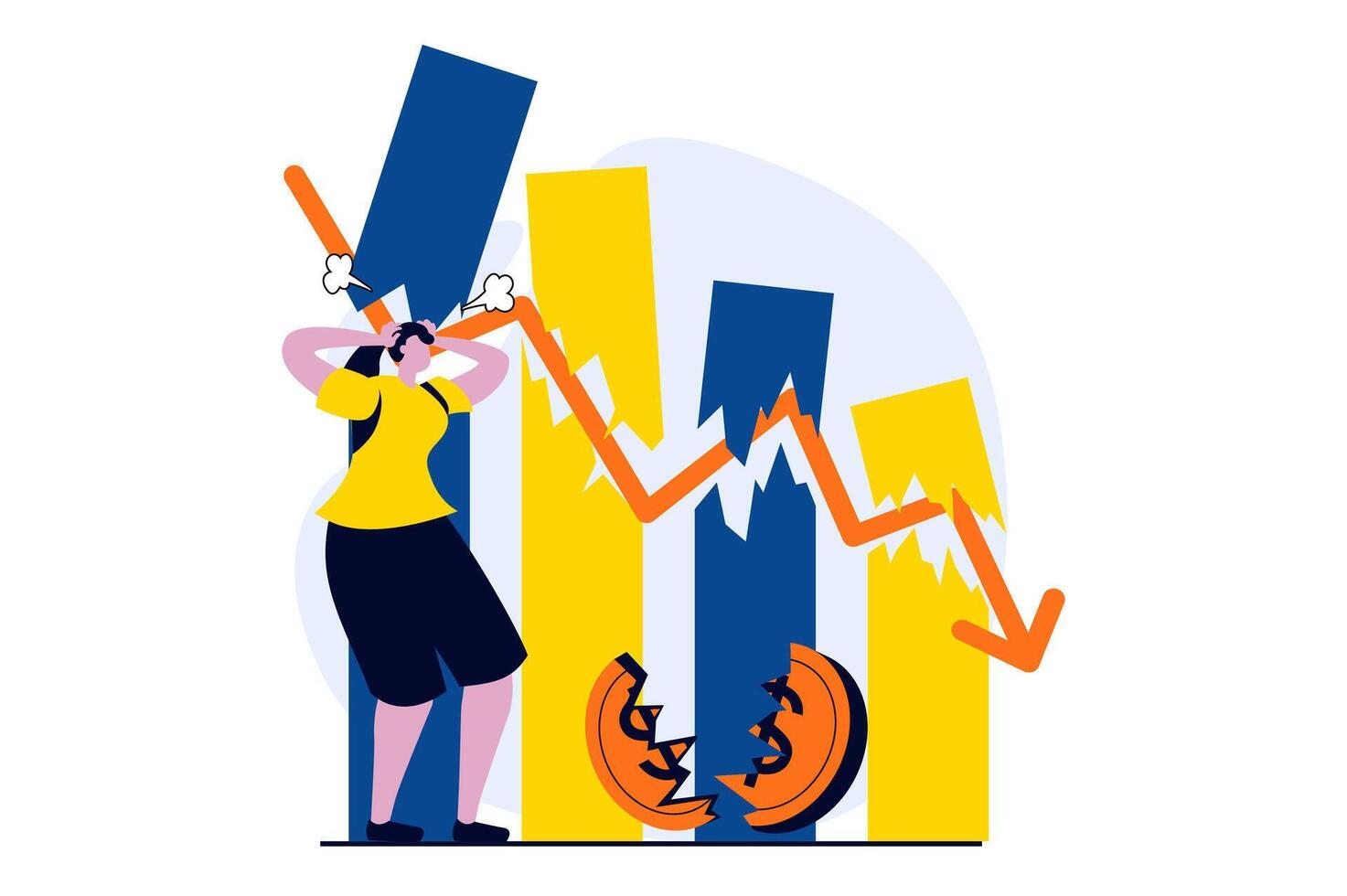 Stock market concept with people scene in flat cartoon design. Woman losing money and investments, analysing chart with negative trend, financial crisis. illustration visual story for web vector