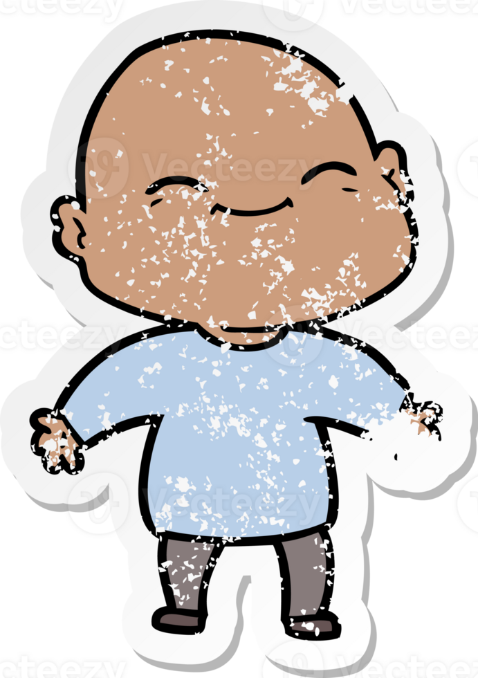 distressed sticker of a happy cartoon bald man png