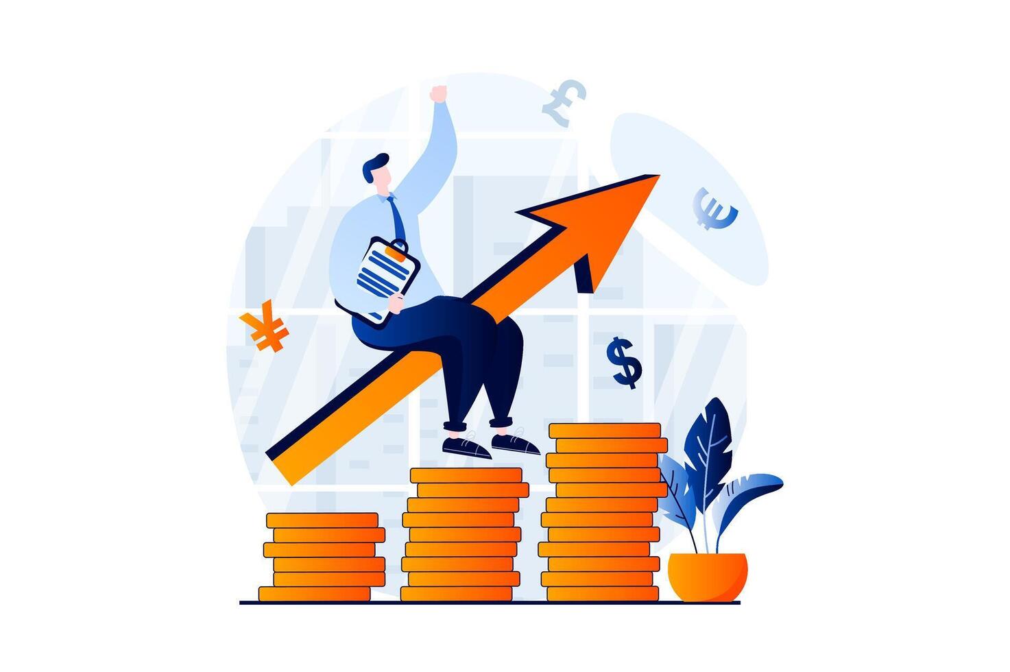 Global economic concept with people scene in flat cartoon design. Businessman invests in startups at global market and earns profit in international company. illustration visual story for web vector