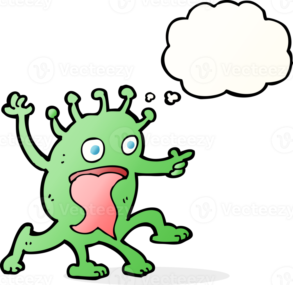 cartoon weird little alien with thought bubble png