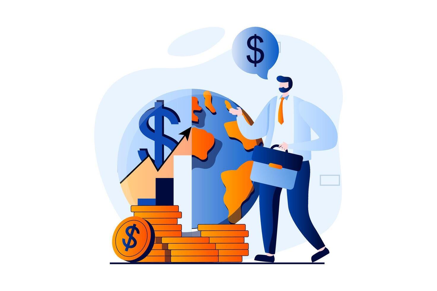 Global economic concept with people scene in flat cartoon design. Businessman analyzes financial statistics and studies world economy for success investments. illustration visual story for web vector