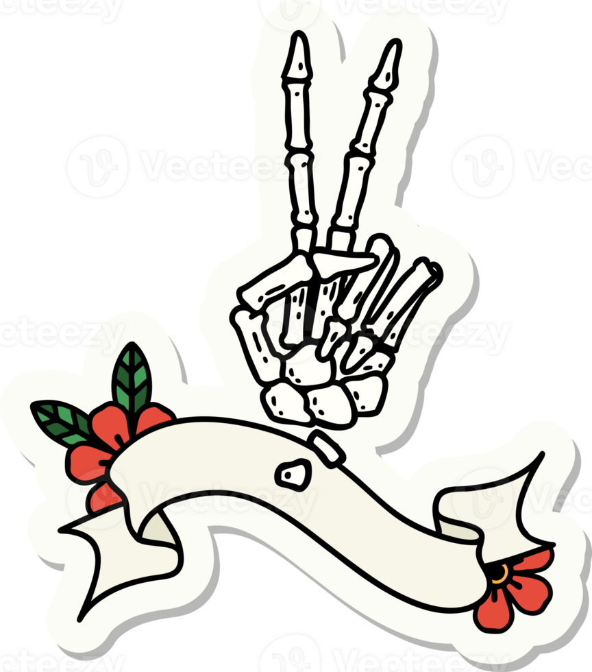 tattoo style sticker with banner of a skeleton giving a peace sign png
