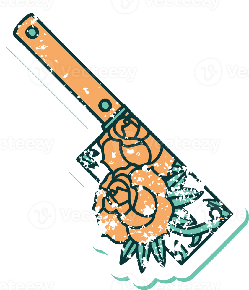 iconic distressed sticker tattoo style image of a cleaver and flowers png