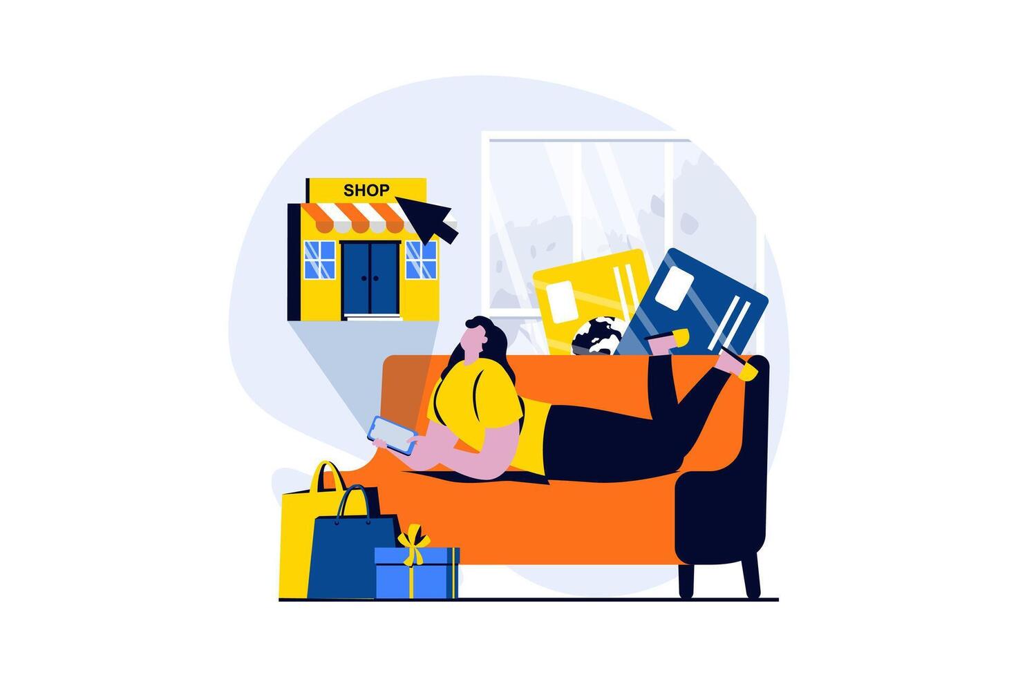 Mobile commerce concept with people scene in flat cartoon design. Woman makes online purchases and buying goods with her credit cards in application at home. illustration visual story for web vector