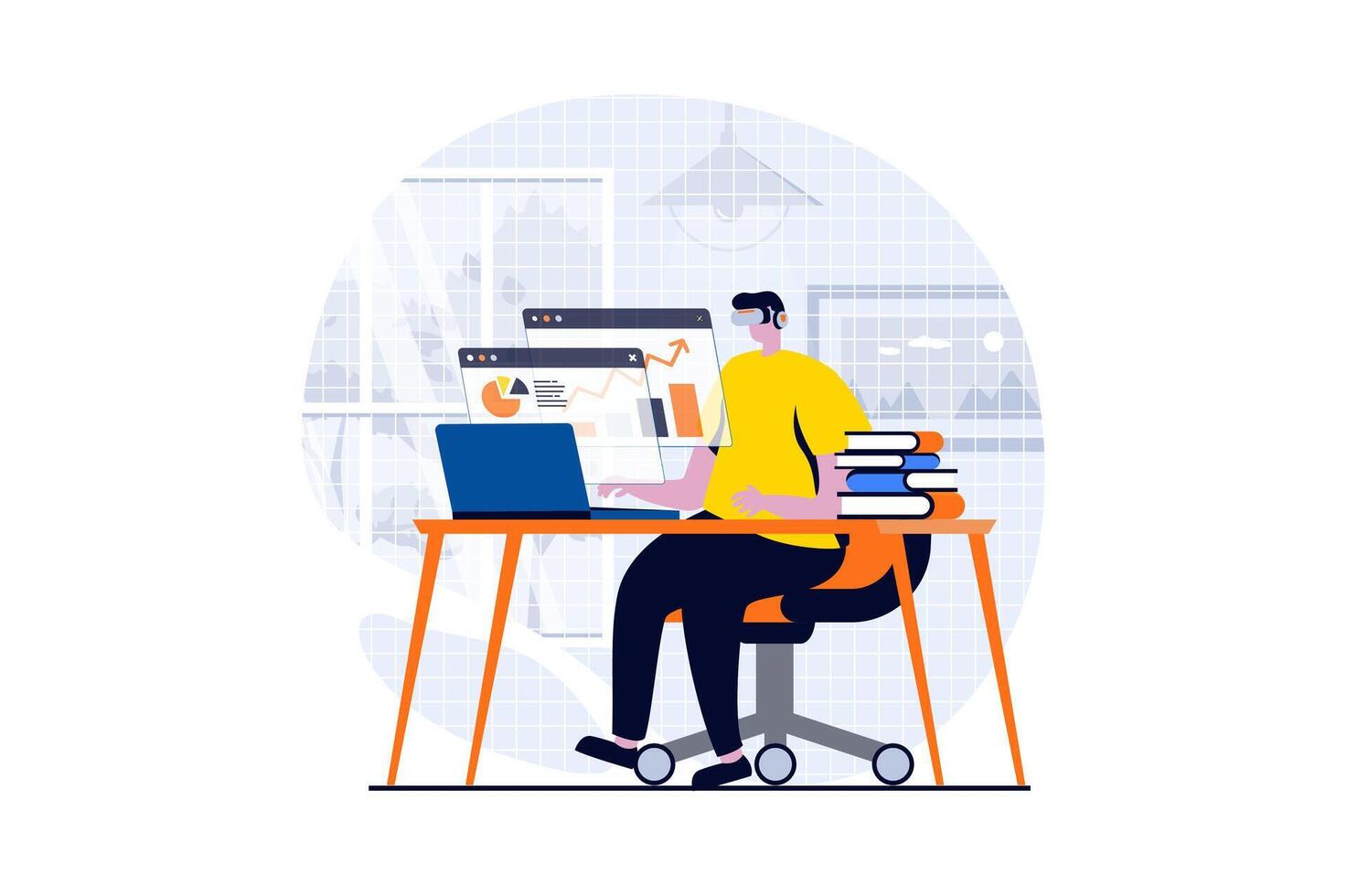 Metaverse concept with people scene in flat cartoon design. Man in VR headset working with data and interacts with different screens in virtual simulation. illustration visual story for web vector