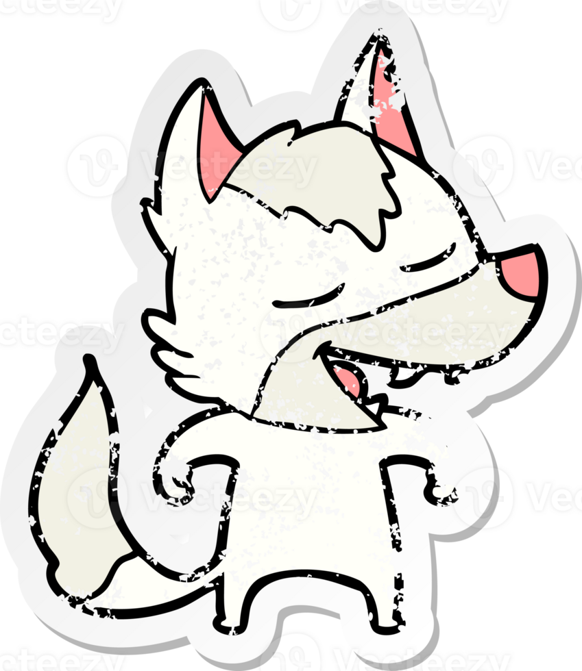 distressed sticker of a cartoon wolf laughing png