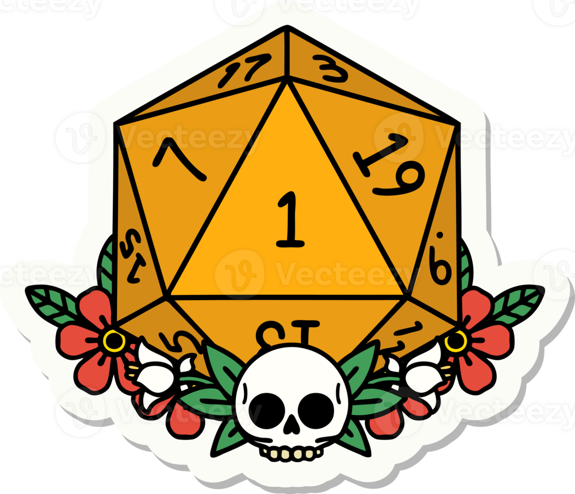 sticker of a natural one dice roll with floral elements png
