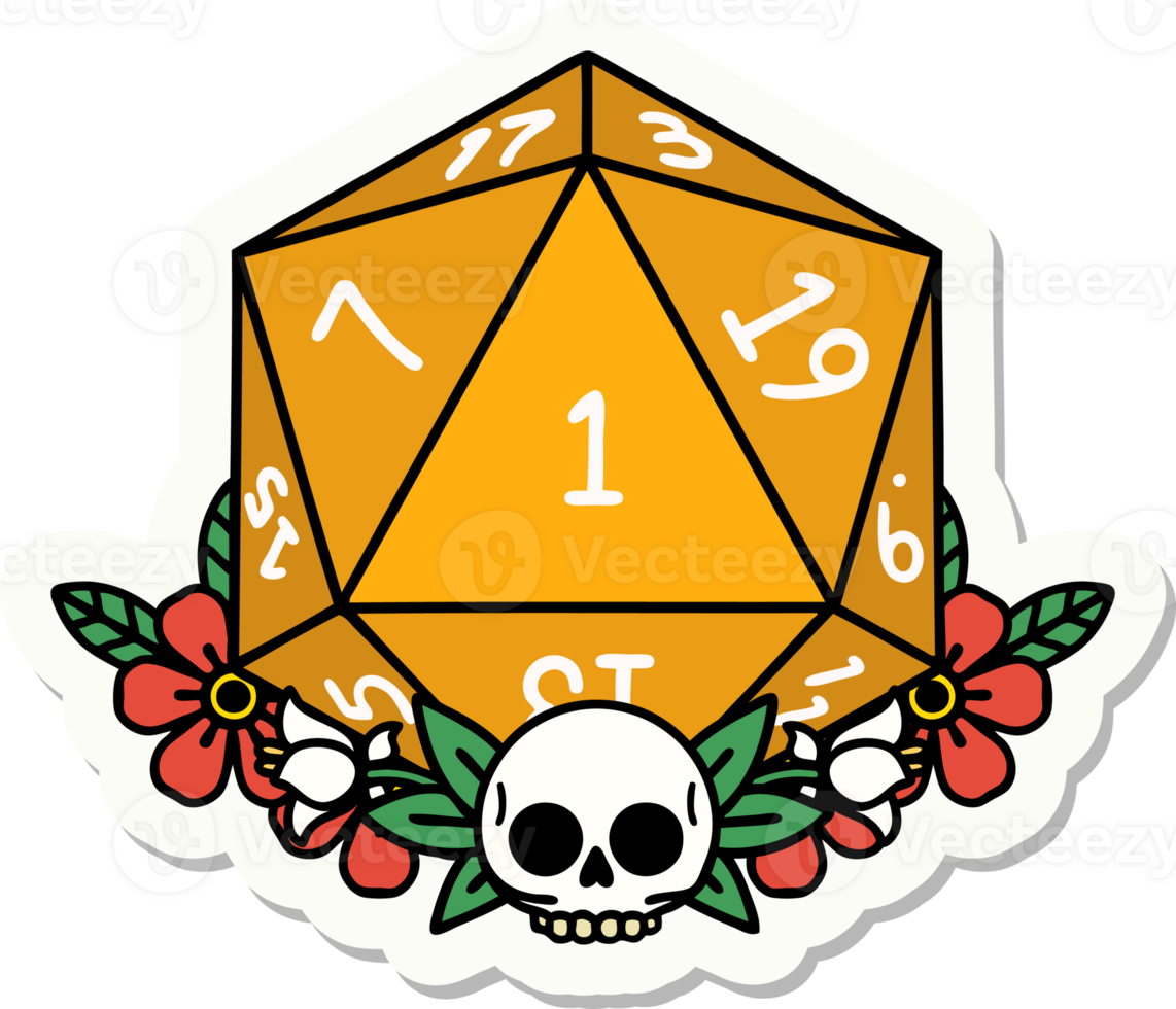 sticker of a natural one dice roll with floral elements png