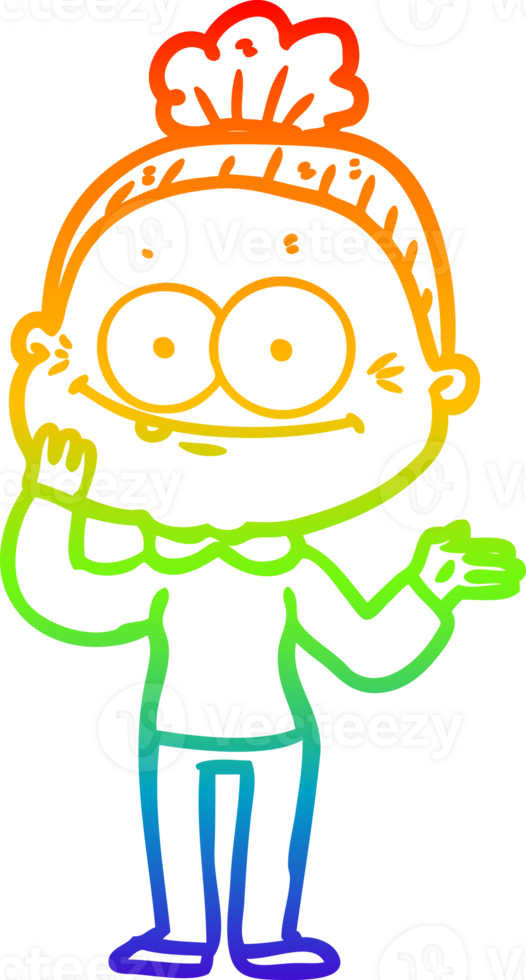 rainbow gradient line drawing of a cartoon happy old woman png