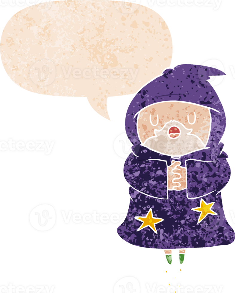cartoon floating wizard with speech bubble in grunge distressed retro textured style png