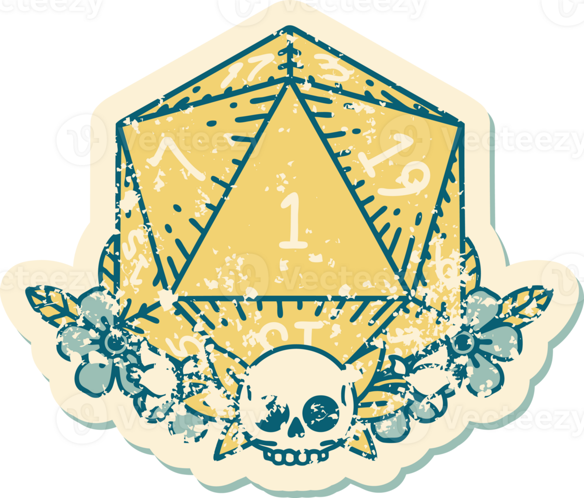 Retro Tattoo Style natural one dice roll with floral elements png