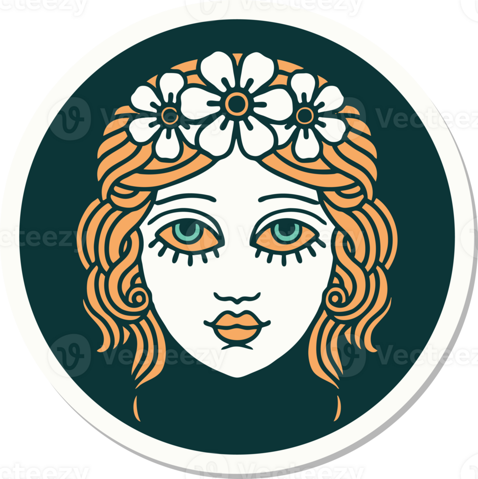 sticker of tattoo in traditional style of female face with crown of flowers png