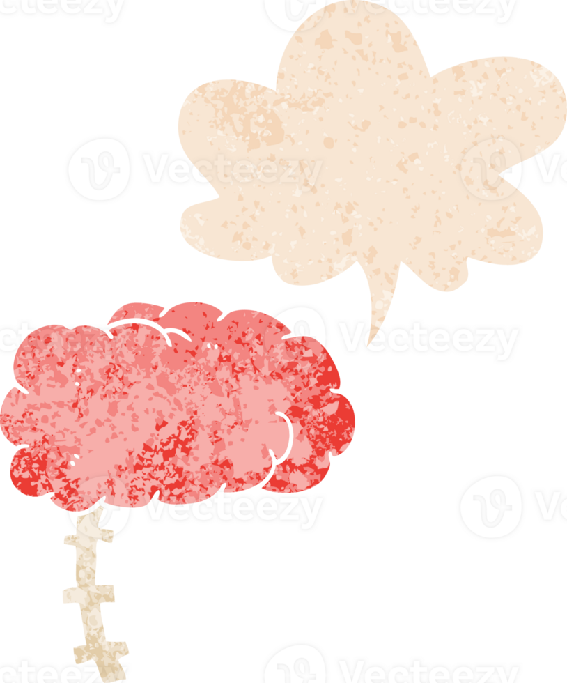 cartoon brain with speech bubble in grunge distressed retro textured style png