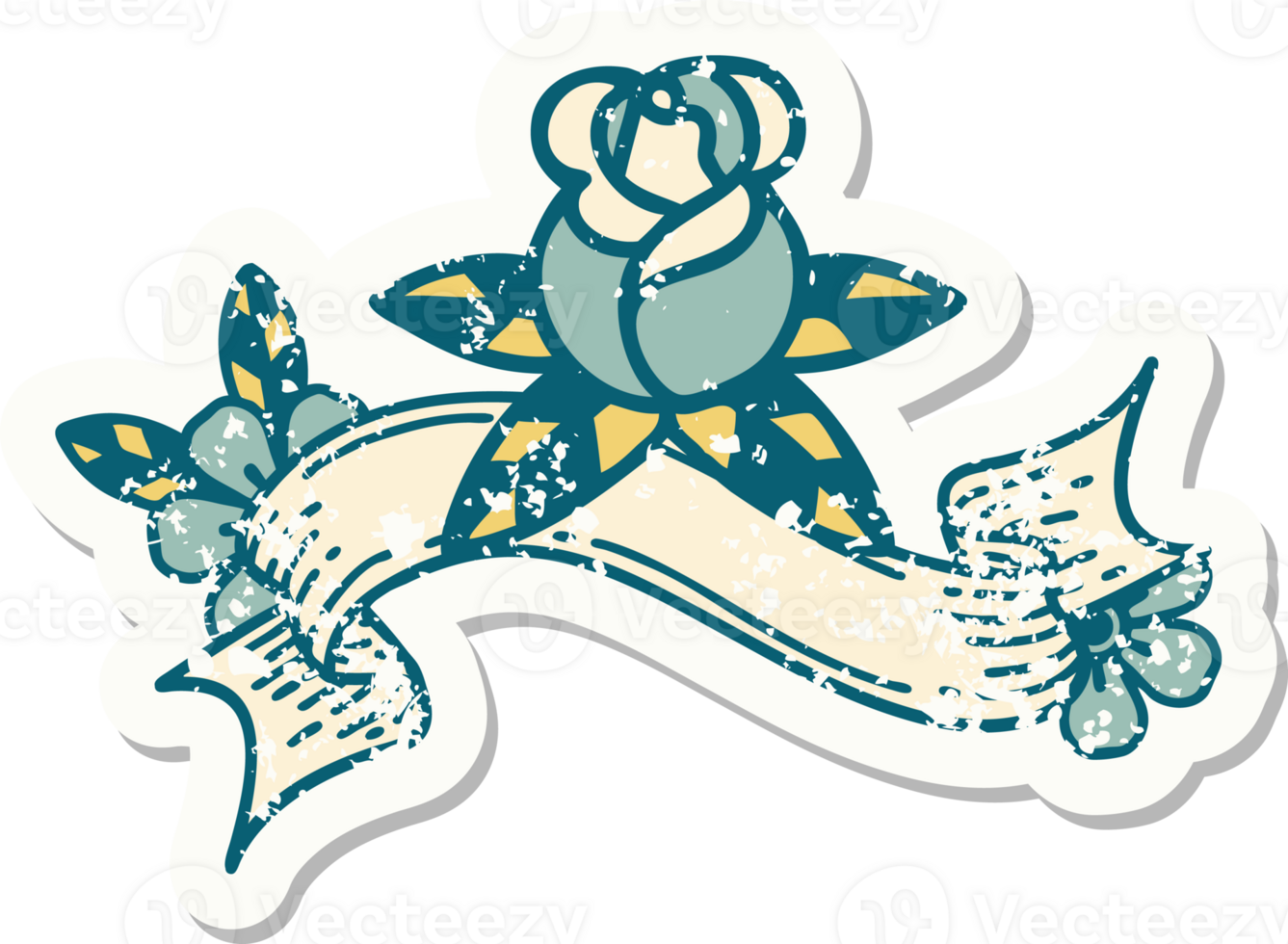 worn old sticker with banner of a single rose png