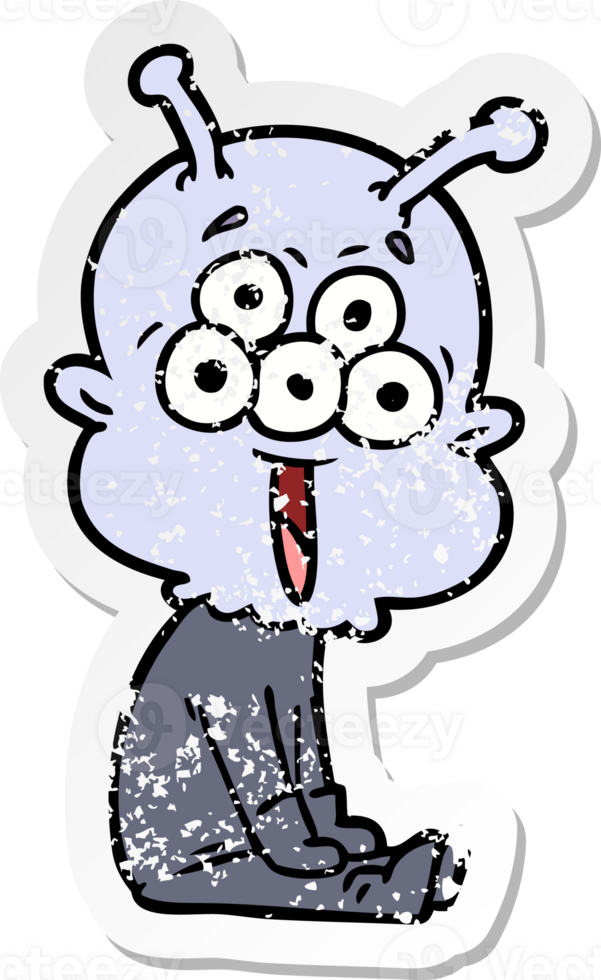 distressed sticker of a happy cartoon alien png