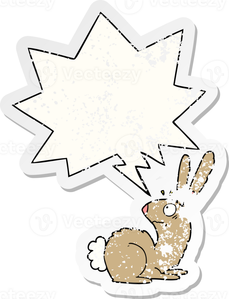 cartoon startled bunny rabbit with speech bubble distressed distressed old sticker png