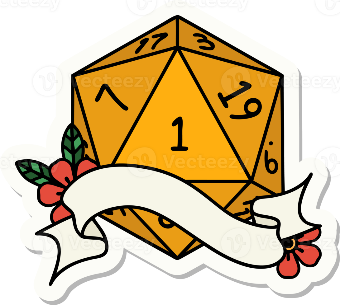 sticker of a natural one d20 dice roll png