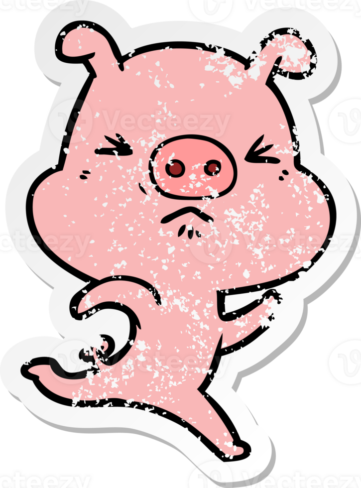 distressed sticker of a cartoon annoyed pig running png